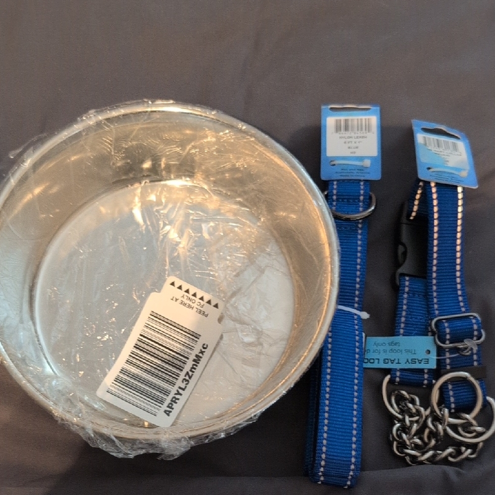 Durable Blue Martingale Dog Collar and Leash Set with Metal Bowl Various Sizes.